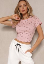 Różowy T-shirt z Bawełny Ozdobiony Brokatem Olindara. Czerwone t-shirty damskie Renee, m, z aplikacjami, z bawełny, bez kołnierzyka, bez ramiączek. Za 49.99 zł.