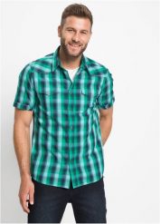 Koszula z krótkim rękawem i naszywanymi kieszeniami. Niebieskie koszule męskie bonprix, m, bez wzorów, bez kołnierzyka, bez ramiączek. Za 94.99 zł.