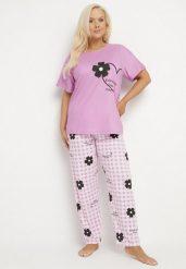 Fioletowy Komplet Piżamowy z Motywem Kwiatowym Spodnie i T-shirt Milossa. Fioletowe piżamy damskie Born2be, z aplikacjami, bez ramiączek. Za 39.99 zł.