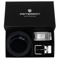 Zestaw prezentowy: dwustronny pasek skórzany w granatowym i czarnym kolorze Peterson PTN KL-B007S001 N. Czarne paski męskie Peterson, ze skóry, eleganckie. Za 139.99 zł.