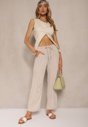 Beżowe Spodnie High Waist ze Sznurkiem Savurelle. Brązowe spodnie materiałowe damskie Renee, z aplikacjami, z jeansu, sportowe, z podwyższonym stanem. Za 39.99 zł.