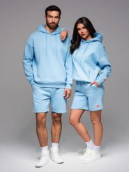 Komplet dresowy UNISEX bluza z kapturem + szorty w stylu athleisure – błękitne V8 - Rozmiar: XL/XXL. Niebieskie bluzy męskie Ombre Clothing, l, z aplikacjami, z bawełny, eleganckie, bez ramiączek, z kapturem. W wyprzedaży za 232.49 zł.