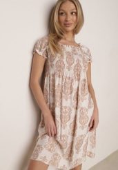 Beżowa Wiskozowa Sukienka Hiszpanka w Etniczny Wzór Hywen. Brązowe sukienki damskie Born2be, na spacer, bez wzorów, z wiskozy, boho, bez kołnierzyka, bez ramiączek, mini. Za 59.99 zł.