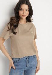 Beżowy T-shirt z Asymetrycznym Tyłem i Ozdobnym Haftem Ninissara. Brązowe t-shirty damskie Born2be, m, bez wzorów, z jeansu, eleganckie, z asymetrycznym kołnierzem, bez ramiączek. Za 54.99 zł.