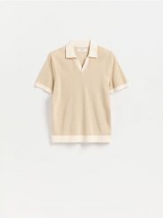 Bawełniany sweter polo - beżowy. Brązowe swetry męskie Reserved, l, bez wzorów, z bawełny, bez kołnierzyka, bez ramiączek. Za 119.99 zł.