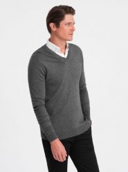 Sweter męski z dekoltem "w serek" z koszulowym kołnierzykiem - grafitowy V3 - Rozmiar: S. Szare swetry męskie Ombre Clothing, m, bez wzorów, z bawełny, klasyczne, bez kołnierzyka, bez ramiączek. W wyprzedaży za 69.99 zł.