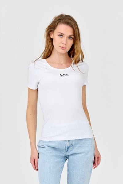 EA7 Damski t-shirt biały z logo na środku, Rozmiar XS. Białe t-shirty damskie EA7 Emporio Armani, xs, bez wzorów, bez kołnierzyka, bez ramiączek. W wyprzedaży za 144.99 zł.