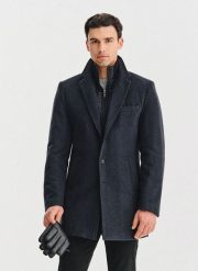 PAKO LORENTE - Grafitowy płaszcz męski z odpinanym kołnierzem. Szare płaszcze męskie Pako Lorente, na jesień, m, bez wzorów, z poliesteru, bez kołnierzyka, bez kaptura. Za 499.99 zł.