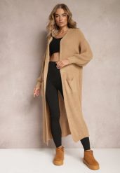 Brązowy Długi Kardigan Oversize Angellona. Brązowe kardigany damskie Renee, bez wzorów, bez kołnierzyka. Za 84.99 zł.