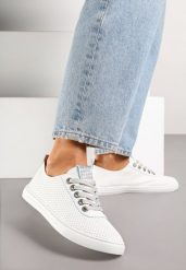 Biało-Srebrne Tenisówki Ozdobione Cyrkoniami i Perforacją Liradena. Białe trampki i tenisówki damskie Renee, bez wzorów, z jeansu, bez zapięcia. Za 39.99 zł.