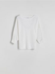 Sweter kimono - złamana biel. Swetry nierozpinane damskie Reserved, l, bez wzorów, z dzianiny, bez kołnierzyka, bez ramiączek. W wyprzedaży za 39.99 zł.