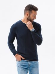 Sweter męski - granatowy V10 E121 - XXL. Niebieskie swetry męskie Ombre Clothing, m, bez wzorów, z bawełny, eleganckie, bez kołnierzyka, bez ramiączek. W wyprzedaży za 39.99 zł.