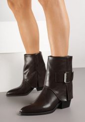 Brązowe Botki na Stożkowym Obcasie z Wywiniętą Cholewką i Klamrą Latuvia. Brązowe botki damskie Born2be, bez wzorów, z jeansu, eleganckie, bez obcasa, na obcasie, bez zapięcia. Za 169.99 zł.