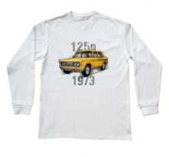 Fiat 125p — bluzka z długim rękawem (Rozmiar: L (dorosła); Kolor koszulki: biały; Rodzaj nadruku: Fiat 125p). Białe bluzki damskie nikiniki, l, bez wzorów, z bawełny, biznesowe, bez kołnierzyka, bez ramiączek. Za 99.00 zł.