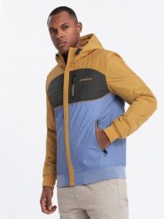 Lekka kolorowa męska kurtka sportowa z polarem – niebiesko-musztardowa V8 OM-JANP-0194 - XXL. Niebieskie kurtki sportowe męskie Ombre Clothing, l, bez wzorów, z materiału, bez kaptura. W wyprzedaży za 199.99 zł.