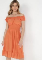 Pomarańczowa Sukienka Chloromene. Brązowe sukienki damskie Born2be, na lato, m, bez wzorów, z tkaniny, bez kołnierzyka, bez ramiączek, midi. Za 64.99 zł.