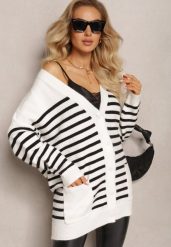 Biały Kardigan w Paski o Wydłużonym Fasonie z Dekoltem V Zapinany na Guziki Ravime. Białe kardigany damskie Renee, l, bez wzorów, bez kołnierzyka. Za 119.99 zł.