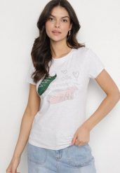 Jasnoszary Bawełniany T-shirt z Nadrukiem z Cyrkoniami Karissen. Szare t-shirty damskie Born2be, m, bez wzorów, z bawełny, eleganckie, bez kołnierzyka, bez ramiączek. Za 34.99 zł.