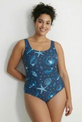 Damskie Strój kąpielowy muszelki bez miękkich miseczek okrągły dekolt. Niebieskie stroje kąpielowe damskie Ulla Popken, plus size, bez wzorów, z elastanu. Za 159.99 zł.