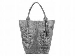 Shopper bag jasny szary skórzany croco L94. Szare shopperki damskie Vera Pelle, z aplikacjami, z materiału, małe, zamszowe, bez dodatków. Za 229.99 zł.