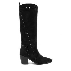 Kozaki DeeZee. Czarne kozaki damskie DeeZee, bez wzorów, bez obcasa, na słupku, bez zapięcia. Za 249.99 zł.
