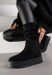 Czarne Śniegowce na Grubej Podeszwie w Stylu Sztybletów Avrenna. Czarne śniegowce damskie Born2be, z jeansu, bez zapięcia. Za 89.99 zł.