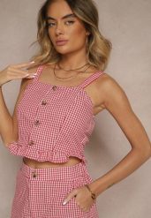 Czerwona Bluzka Top w Kratę z Guzikami i Falbanką Falionna. Czerwone bluzki damskie Renee, l, bez wzorów, z jeansu, eleganckie, bez kołnierzyka, bez ramiączek. Za 39.99 zł.