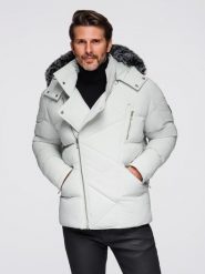 Pikowana kurtka męska o kroju ramoneski z kapturem - jasnoszara V4 - Rozmiar: M. Szare kurtki męskie Ombre Clothing, na zimę, l, bez wzorów, z materiału, eleganckie, z kapturem. Za 589.99 zł.