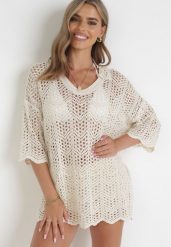 Beżowa Szydełkowa Tunika Narzutka Bawełniana Leanis. Brązowe tuniki damskie Born2be, bez wzorów, z bawełny, bez ramiączek. Za 139.99 zł.