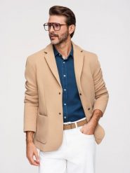 Strukturalna męska marynarka z podpinką z wysokim kołnierzem i kapturem – jasnobrązowa V1 - Rozmiar: L. Brązowe marynarki męskie Ombre Clothing, l, bez wzorów, z dzianiny, biznesowe, bez kołnierzyka, bez ramiączek. W wyprzedaży za 293.99 zł.