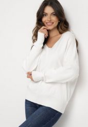 Biały Sweter z Dekoltem w V z Domieszką Kaszmiru Mariara. Białe swetry nierozpinane damskie Born2be, uniwersalny, bez wzorów, z jeansu, bez kołnierzyka, bez ramiączek. Za 109.99 zł.