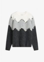 Sweter z aplikacją z cekinów. Szare swetry nierozpinane damskie bonprix, z aplikacjami, bez kołnierzyka, bez ramiączek. Za 159.99 zł.