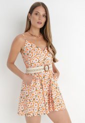 Pomarańczowy Kombinezon z Paskiem Harra. Brązowe sukienki damskie Born2be, na lato, l, z aplikacjami, z bawełny, boho, bez kołnierzyka, bez ramiączek, mini, kopertowe. Za 84.99 zł.