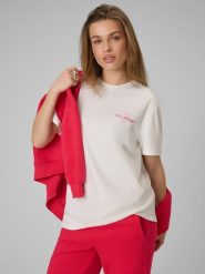 4F T-shirt loose z nadrukiem damski - beżowy L. Brązowe t-shirty damskie 4F, l, bez wzorów, z bawełny, bez kołnierzyka, bez ramiączek. Za 69.99 zł.