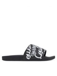 Versace Jeans Couture Klapki 78VA3SQ1 Czarny. Czarne klapki damskie Versace Jeans Couture, bez wzorów, z jeansu, bez obcasa, bez zapięcia. Za 319.99 zł.