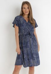 Granatowa Sukienka Kepherine. Niebieskie sukienki damskie Born2be, l, bez wzorów, z materiału, bez kołnierzyka, bez ramiączek, mini, kopertowe. Za 49.99 zł.