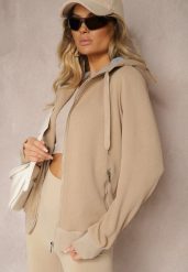 Ciemnobeżowa Tłoczona Bluza z Dodatkiem Bawełny i Kapturem Zapinana na Suwak Arfoya. Brązowe bluzy damskie Renee, s, bez wzorów, z bawełny, eleganckie, bez ramiączek. Za 79.99 zł.