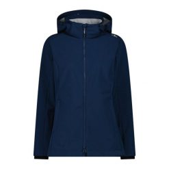 Kurtka turystyczna damska z kapturem i zamkiem CMP. Niebieskie kurtki sportowe damskie CMP, bez wzorów, z softshellu, bez ramiączek, z kapturem, trekkingowe. Za 389.00 zł.