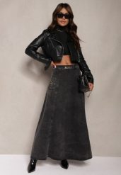 Czarna Bawełniana Spódnica Maxi Rozkloszowana z Jeansu z Ozdobnym Łańcuszkiem Viralle. Czarne spódnice damskie Renee, na lato, m, bez wzorów, z bawełny, boho, maxi, rozkloszowane. Za 179.99 zł.