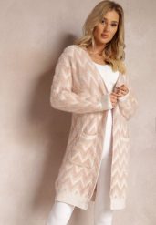 Różowy Niezapinany Kardigan o Przedłużonym Fasonie w Zygzaki Chevron Oherna. Czerwone kardigany damskie Renee, bez wzorów, z tkaniny, bez kołnierzyka. Za 99.99 zł.