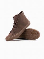 Buty trampki męskie za kostkę z gumową podeszwą – brązowe V4 OM-FOTH-0187 - 45. Brązowe trampki męskie Ombre Clothing, bez wzorów, z gumy, klasyczne, za kostkę, bez zapięcia. W wyprzedaży za 119.99 zł.