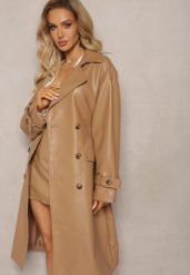 Beżowy Dwurzędowy Płaszcz z Imitacji Skóry z Paskiem Dyrine. Brązowe płaszcze damskie Renee, na jesień, l, bez wzorów, ze skóry, bez kołnierzyka, bez kaptura. Za 289.99 zł.