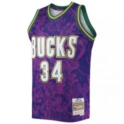 Koszulka NBA Milwaukee Bucks Ray Allen Swingman CNY 4.0 2000/01. Fioletowe bluzki damskie Mitchell & Ness, bez wzorów, sportowe, bez kołnierzyka, bez ramiączek. Za 636.50 zł.