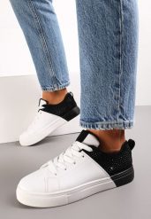 Biało-Czarne Sneakersy Sznurowane na Płaskiej Grubszej Podeszwie z Cyrkoniami Hanuel. Białe obuwie sportowe damskie Renee, bez wzorów, bez zapięcia. Za 49.99 zł.