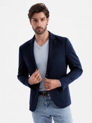 Marynarka męska z naszywanymi kieszeniami - granatowa V1 OM-BLZB-0127 - L. Niebieskie garnitury męskie Ombre Clothing, l, bez wzorów, z materiału, eleganckie. W wyprzedaży za 229.99 zł.