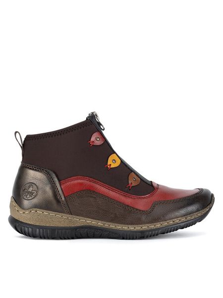 Rieker Botki N3277-25 Brązowy. Brązowe botki damskie Rieker, bez wzorów, z materiału, bez obcasa, na płaskiej podeszwie, bez zapięcia. Za 244.99 zł.