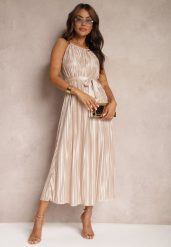 Beżowa Sukienka Plisowana z Paskiem w Talii na Cienkich Ramiączkach Wasea. Brązowe sukienki damskie Renee, na co dzień, l, bez wzorów, z jeansu, eleganckie, bez kołnierzyka, bez ramiączek, midi, plisowane. Za 74.99 zł.