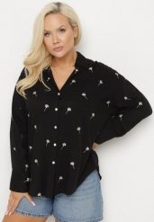 Czarna Koszula z Wiskozą w Drobne Hafty Navellea. Czarne koszule damskie Born2be, plus size, bez wzorów, z jeansu, eleganckie, bez kołnierzyka, bez ramiączek. Za 84.99 zł.