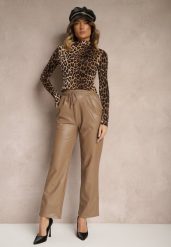 Ciemnobeżowe Szerokie Spodnie High Waist z Imitacji Skóry Narlemi. Brązowe spodnie materiałowe damskie Renee, bez wzorów, z bawełny, eleganckie, z podwyższonym stanem. Za 49.99 zł.