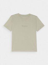 4F T-shirt regular z nadrukiem damski - oliwkowy/khaki S. Brązowe t-shirty damskie 4F, s, bez wzorów, z bawełny, klasyczne, bez kołnierzyka, bez ramiączek. W wyprzedaży za 29.99 zł.